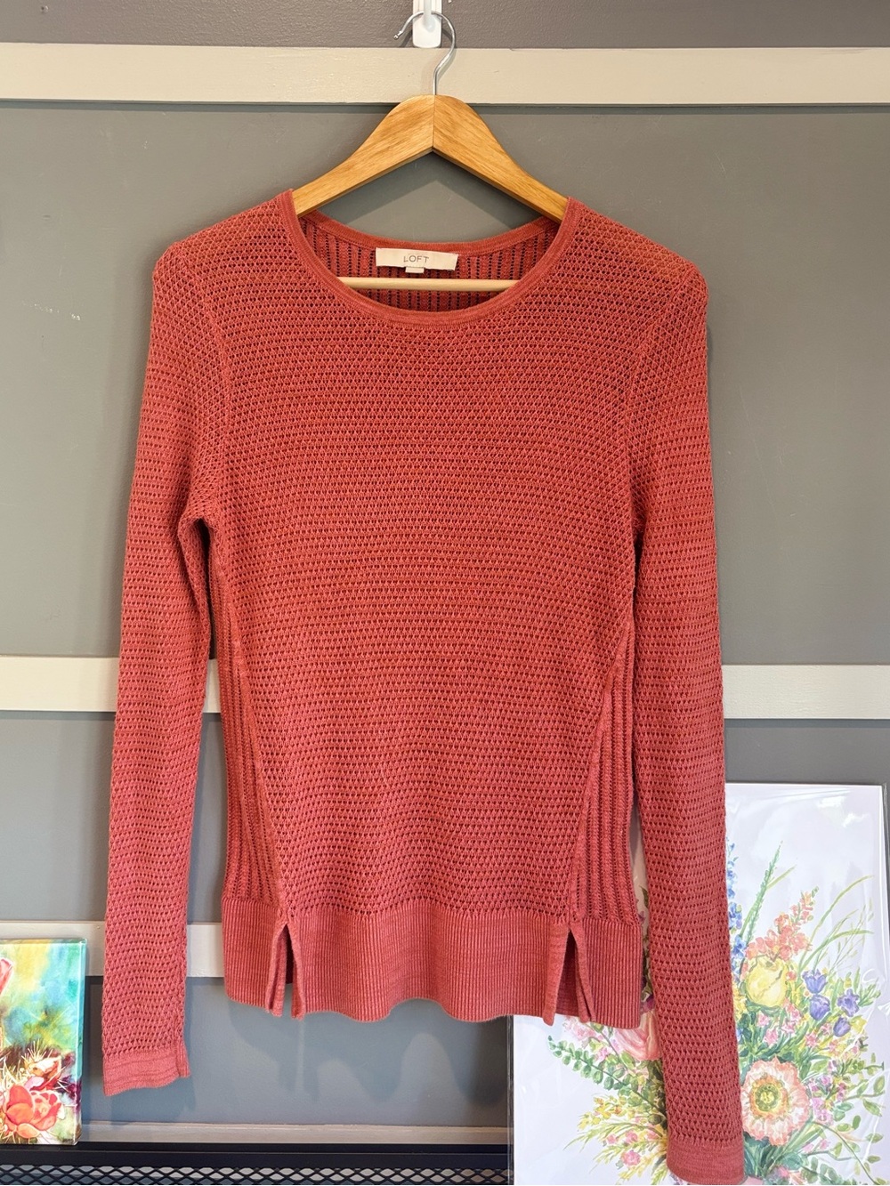 LOFT Rosewood Open Stitch Crewneck Sweater